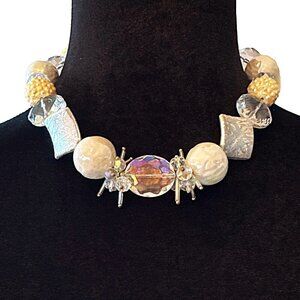 Artisan Made Choker Necklace White Cream Silver Tone Chunky Beaded Toggle Closur